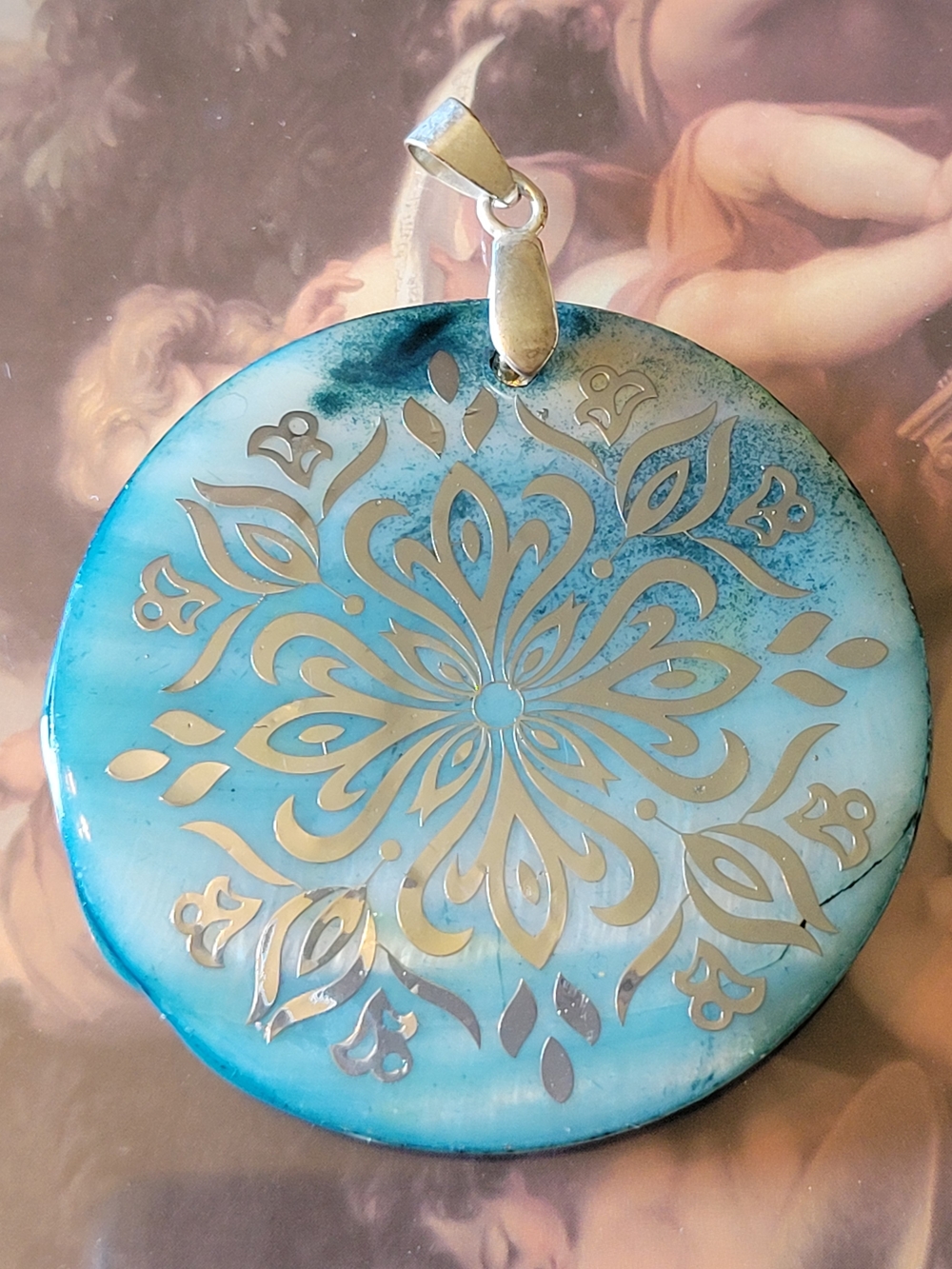 Shell Turquoise Blue Floral Silver Inlay Pendant Necklace - Elegant Boho Charm